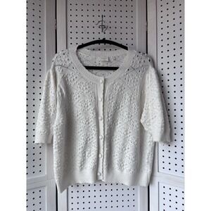 Cyrus Womens XL Ivory Short Puff Sleeve Popcorn Textured Button Cardigan Sweater